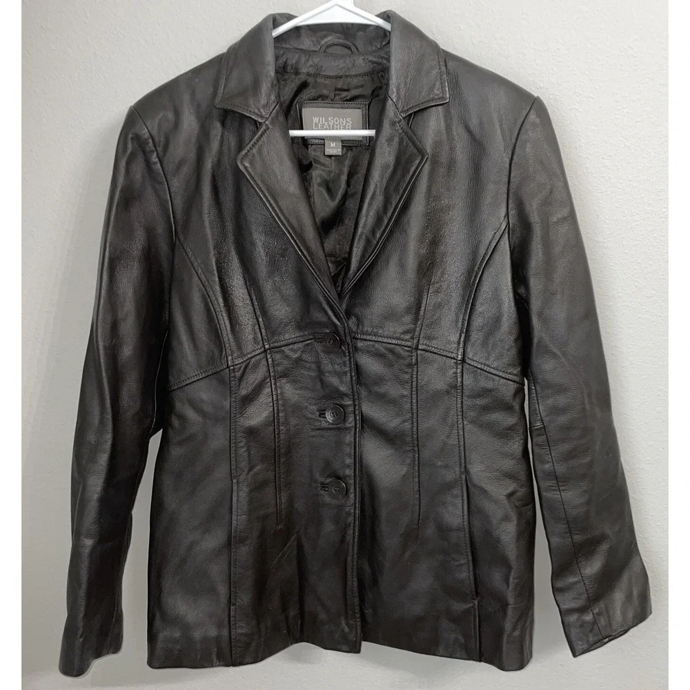 Womens M Wilsons Dark Brown Leather Button Front Jacket Blazer with nylon lining
